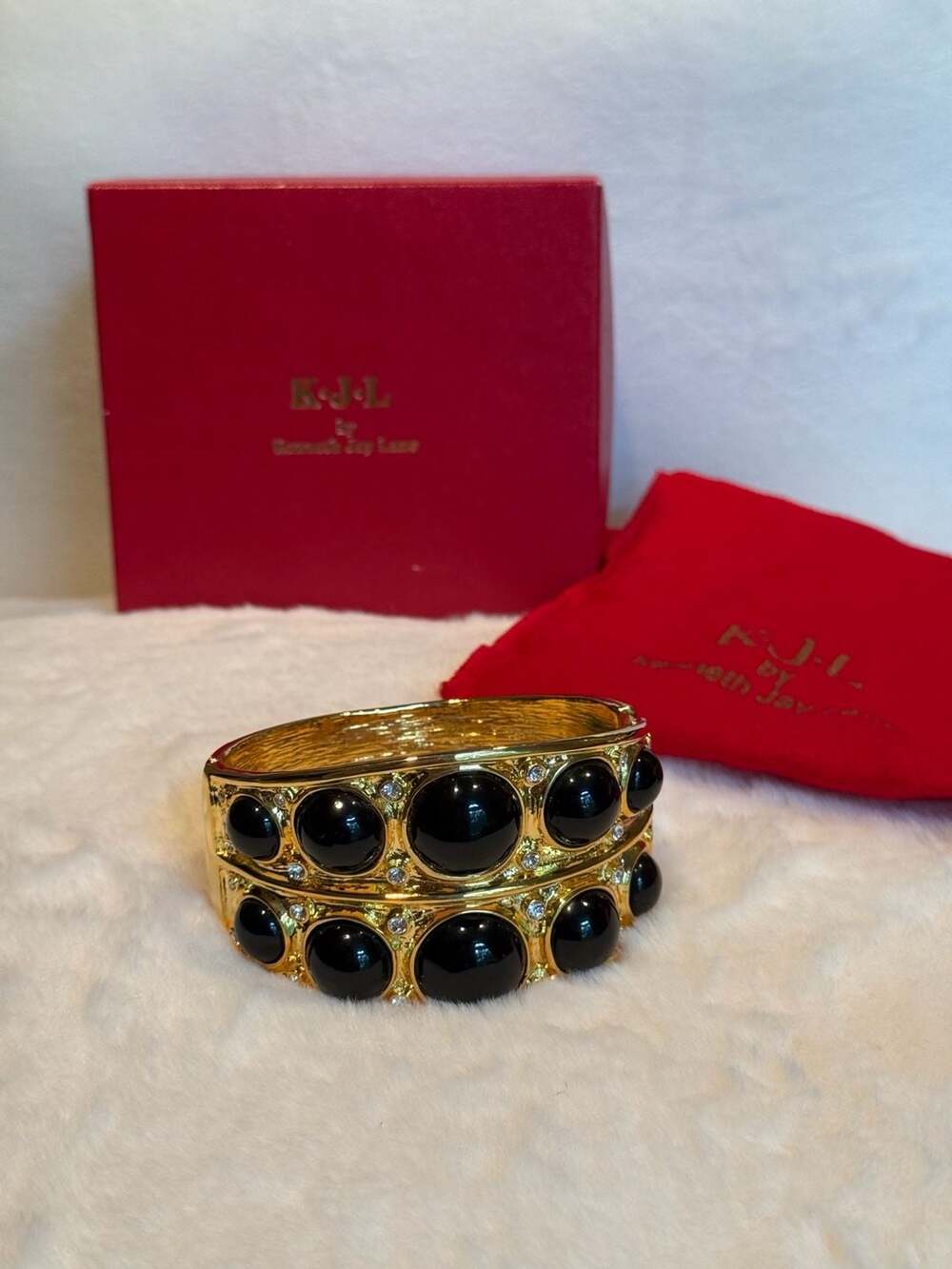 Vintage Kenneth Jay Lane KJL Black Cabochon Rhinestone Hinged Cuff Bracelet + Bo